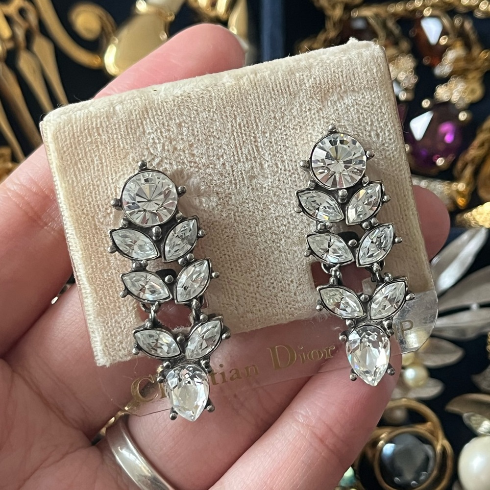 NWT Vintage Christian Dior Marquise Rhinestone Drop Patinated Silver Earrings - Picture 4 of 10
